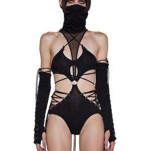 Dolls Kill Darker Wavs Tempo Lace-Up Cut-Out Bodysuit Black Sz M